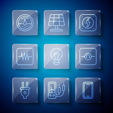 Elektrik hattını Ampere metre çoklu metre cep telefonu aydınlatma lamba fikri Direniş elektronik devresi ve Ohmmeter simgesini ayarla. Vektör.