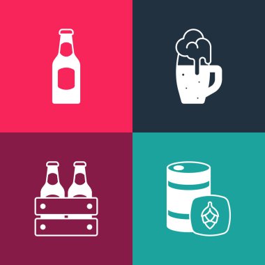 Pop Art Metal bira fıçısı, şişe paketi, cam ve bira ikonu hazırla. Vektör.
