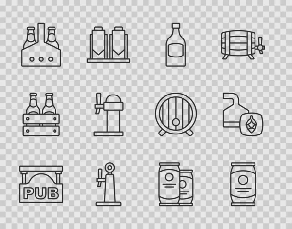 设置线路板与酒吧啤酒可以瓶子水龙头包装啤酒瓶分配器和酿造过程图标 — 图库矢量图片