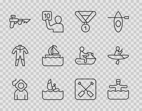 Set line Aqualung Water gymnastics Medal Windsurfing Fishing harpoon Yacht sailboat Paddle and Kayak and paddle icon. Vector.