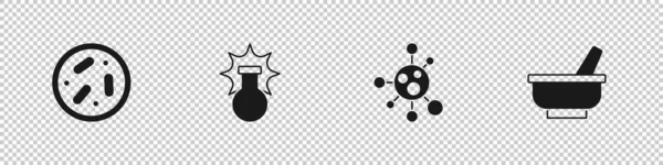 化学爆発 分子とモルタルと杵のアイコンでペトリ皿を設定します ベクトル — ストックベクタ