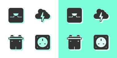 Elektrik prizi vızıltısını elektronik devre araba aküsüne, bulut ve yıldırım simgesine ayarla. Vektör.