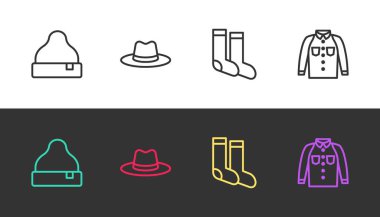 Siyah ve beyaz üzerine Beanie şapkalı adam çorabı ve gömleği koy. Vektör.