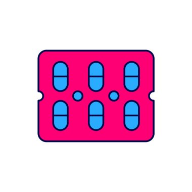 Doldurulmuş haplar beyaz arka planda izole edilmiş su toplayıcı ikonu. İlaç paketi. Tablet, vitamin, antibiyotik, aspirin. Vektör.