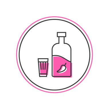 Beyaz arka planda izole edilmiş biber ve cam ikonlu ana hatlı votka. Ukrayna ulusal alkolü. Vektör.