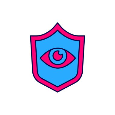 Beyaz arka planda izole edilmiş ana hatlı kalkan ve göz simgesi. Güvenlik, güvenlik, koruma, gizlilik kavramı. Vektör.