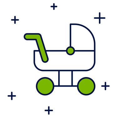 Doldurulmuş bebek arabası simgesi beyaz arkaplanda izole edildi. Bebek arabası, at arabası, bebek arabası, bebek arabası, tekerlek. Vektör.