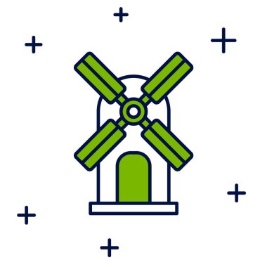 Doldurulmuş rüzgar türbini simgesi beyaz arkaplanda izole edildi. Rüzgar jeneratörü işareti. Elektrik üretimi için yel değirmeni. Vektör.