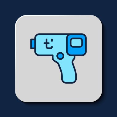 Mavi arkaplanda izole edilmiş kızılötesi ışık ikonu ile ana hatlı dijital temassız termometre. Vektör.