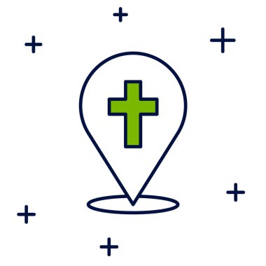 Filled outline Map pin church building icon isolated on white background. Christian Church. Religion of church. Vector.