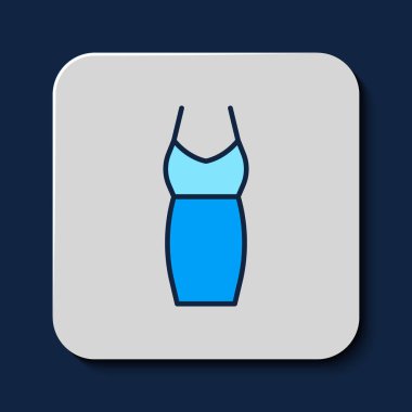 Doldurulmuş kadın giysi simgesi mavi arka planda izole edildi. Kıyafet tabelası. Vektör.