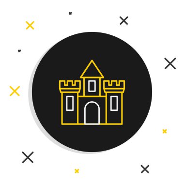 Castle Hattı simgesi beyaz arkaplanda izole edildi. Kulesi olan bir ortaçağ kalesi. Düşmanlardan koruma. Şehrin güvenilirliği ve savunması. Renkli taslak konsepti. Vektör.