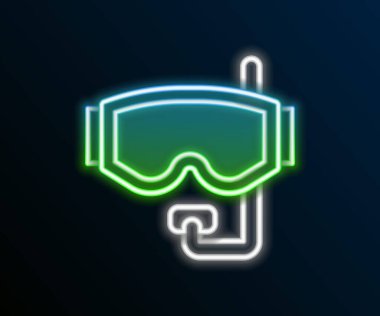 Parlayan neon hattı dalış maskesi simgesi siyah arkaplanda izole edildi. Olağanüstü bir spor. Su altı ekipmanları. Renkli taslak konsepti. Vektör.