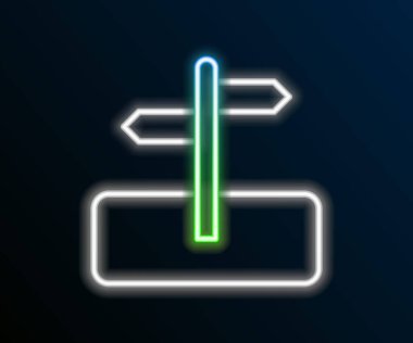 Parlayan neon hat trafik levhası. Siyah arkaplanda sinyal simgesi izole edildi. İşaretçi sembolü. İzole sokak bilgi levhası. Yön tabelası. Renkli taslak konsepti. Vektör.