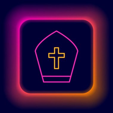 Parlayan neon hattı Papa 'nın şapka simgesi siyah arkaplanda izole edildi. Hristiyan şapkası işareti. Renkli taslak konsepti. Vektör.
