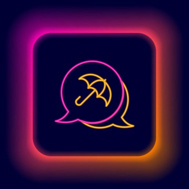 Parlayan neon hattı Umbrella simgesi siyah arkaplanda izole edildi. Sigorta konsepti. Su geçirmez ikon. Koruma, güvenlik, güvenlik kavramı. Renkli taslak konsepti. Vektör.