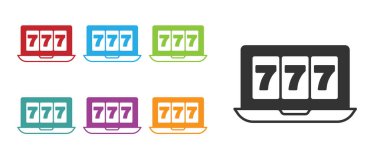 Beyaz arka planda izole edilmiş şanslı yedili büyük ikramiye ikonu olan Black Online slot makinesi. İnternetteki kumarhane. Simgeleri renklendirin. Vektör.