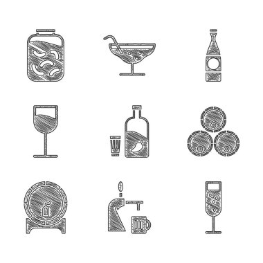 Biber ve cam musluk suyu ile votka hazırla. Şampanya kadehi, ahşap fıçılar şarap şişesi ve salatalık kavanozu ikonu. Vektör.