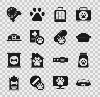 Poşet evcil hayvan oyuncakları, plastik, top ve köpek hapı ikonu hazırla. Vektör.