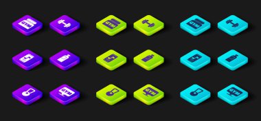 Kettlebell Konumu spor salonu müzik sanatçısı fitness sallayıcısı Dumbbell ve spor beslenme ikonu. Vektör.