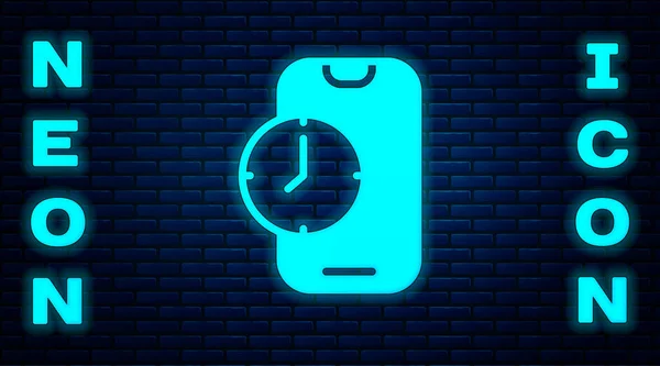 Brillante Neón Alarma Reloj Aplicación Smartphone Icono Interfaz Aislado Fondo — Vector de stock