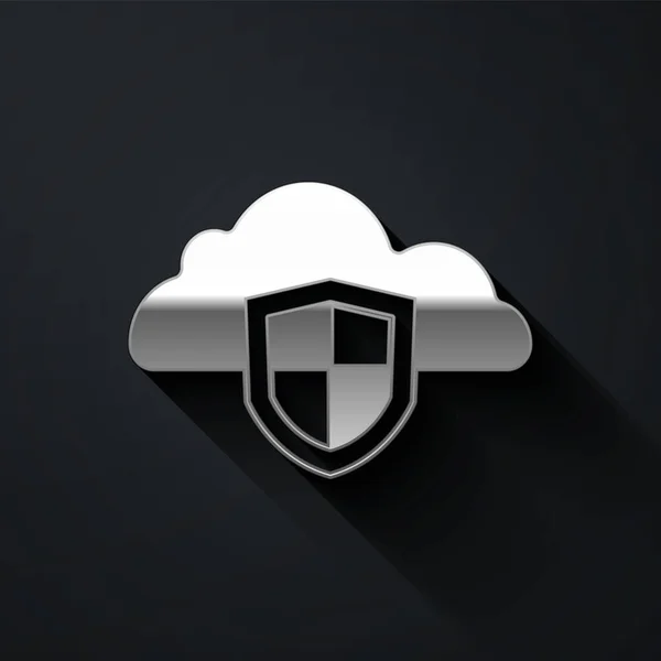 银云和盾牌图标隔离在黑色背景上 云存储数据保护 隐私概念 长影子风格 — 图库矢量图片