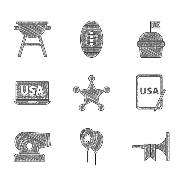 Állítsa Hexagram Seriff Léggömbök Trombita Amerikai Egyesült Államok Grafikus Tabletta — Stock Vector