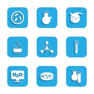 Molekül Petri kabını H2O Alkol ruh yakıcı ve ikonu için bakteri test tüpü ve matara kimyasal formülü ile ayarla. Vektör.
