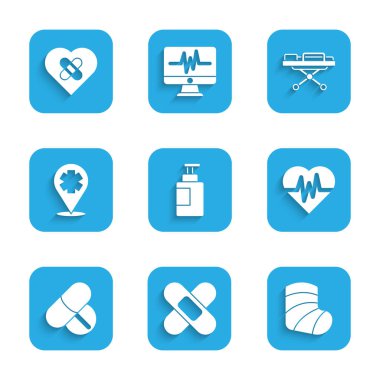 El dezenfektanı şişesi çapraz bandajlı alçıtaşı kalp atış hızı hapı ya da tablet yerini çapraz hastane sedyesi ve kırık kalp ikonu ile ayarla. Vektör.