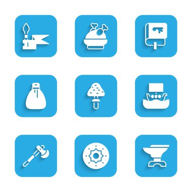 Viking gemisi Drakkar Wooden 'ı demirlemek için Mantar Kalkanı Viking Örs' ü ayarlayın. Eski para çantası defteri ve ortaçağ mızrak ikonu. Vektör.