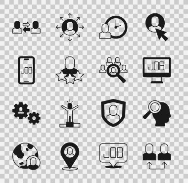 Arama işi Arama İş Zamanı Üretken insan ve simge için Değişim İş Büyüteci 'ni ayarlayın. Vektör.