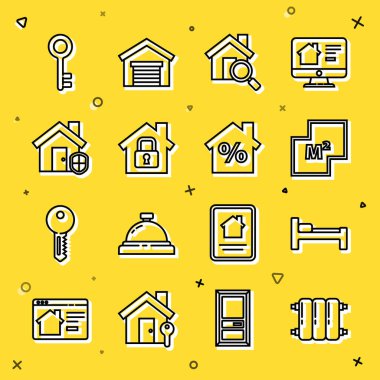 Kalorifer ısıtma kaloriferi planlı arama evini koruma anahtarı ve indirimli ikon ile ayarla. Vektör.