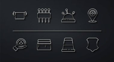 Tekstil kumaş rulo dikiş dükkânı dikiş dikmek için Thimble 'ı ayarla Şırınga derisi, yatak ve iğne ikonu. Vektör.