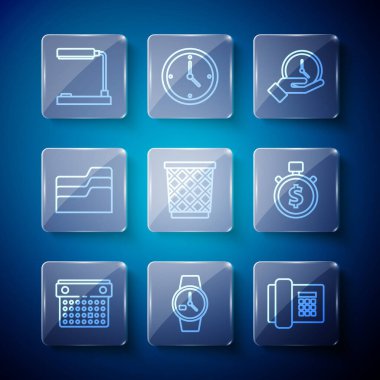 Takvim Bilekliği Telefon Saati Çöp Kutusu Belgelendirme Masa lambası ve Zaman para simgesi ayarla. Vektör.