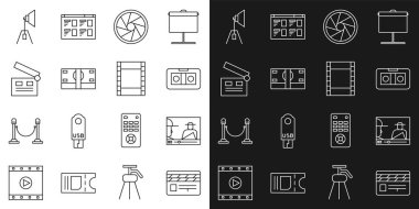 Line Movie clapper Online video VHS kaset bandı kamera deklanşörü kağıt para destesi spot ışığı ve Video simgesi çal. Vektör.