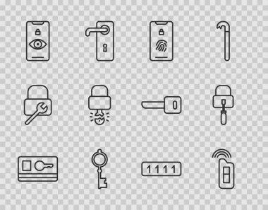 Uzaktan kumandalı mobil parmak izi taramasına sahip anahtar anahtar kartı anahtarı simge açmak için kilit şifresi ve kilit açma düğmelerinin içinde kırıldı. Vektör.