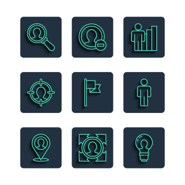 Arama ve simge kullanıcısı için insan başlı lamba üreticisi insan işaretleyici büyüteç ile hat konumunu ayarlayın. Vektör.