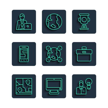 Satır Katlanmış Haritayı konum Bilgisayar monitörü İnsan Ampul Ödülleri Kupası Yerleşimi Dünya Sohbeti mesajları İş Adamı ve Evrak Çantası simgesini arayın. Vektör.