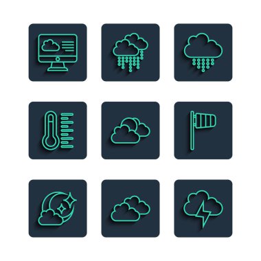 Bulut 'u Ay' a, Fırtına Yağmuru 'na, Güneş' e Meteoroloji Hava Durumu 'na Meteoroloji Hava Durumu' na ve Cone rüzgar gülü ikonuna ayarla. Vektör.