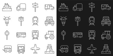 Kargo gemisi Tractor Road trafik levhası Scooter Cruise ve Train ve tren ikonu. Vektör.