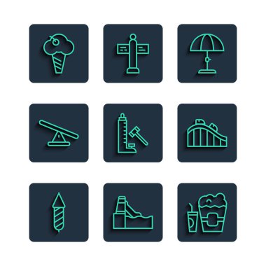 Firework roket kaydırak patlamış mısırını kutuya koy ve cam güneş koruyucu şemsiye çekiçli Tahterevalli dondurmalı waffle konisi ve Roller coaster ikonu. Vektör.