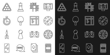 Tic tac toe raket sttopwatch bilardo topu üçgeni ve bingo ikonu ile tavla tahtası kumarhane çipi ayarla. Vektör.
