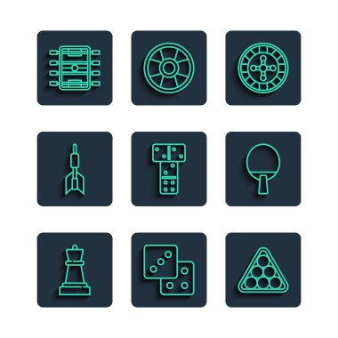 Satranç oyunu bilardo toplarını üçgen kumarhane ruleti, Domino Dart oku, hokey masası ve raket ikonu şeklinde ayarla. Vektör.