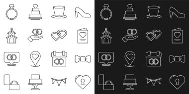 Kilit çizgisi, papyon kravat, tebrik kartı silindir şapka, nikah yüzüğü elmas nişan yüzüğü ve iki birbirine bağlı kalp ikonu. Vektör.