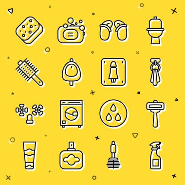 Sıra temizleme sprey şişesi jilet jileti askı jileti jilet parmak arası terlik tuvalet pisuvarı saç fırçası süngeri ve kadın tuvalet ikonu. Vektör.