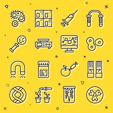 Biyolojik tehlike sembolü tıbbi kauçuk hücre bölümü elektronik ölçekli mikroorganizmaları büyüteç virüsü ve genetik mühendislik modifikasyon ikonu altında ayarla. Vektör.