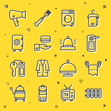 Radyatör ısıtıcısı, tuvalet kağıdı dijital kapı rulosu, çamaşır makinesi, saç kurutma makinesi ve otel servis çanı ikonu ayarlayın. Vektör.