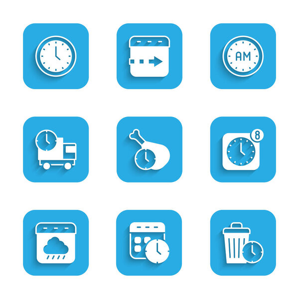 Установите календарь времени еды и часы Отходы будильника мобильное приложение осень Доставка грузовик Утро и часы значок. Вектор.