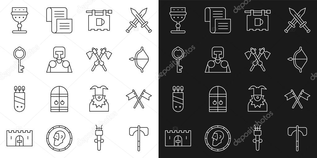 Set line Medieval axe Crossed medieval flag bow and arrow Street signboard with Bar knight Old key goblet and axes icon. Vector.