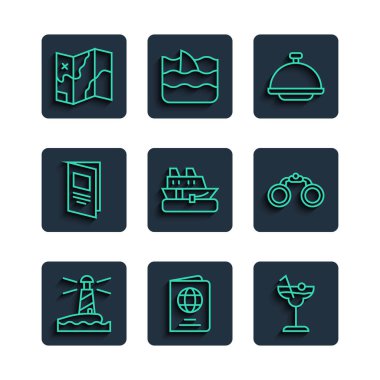 Lighthouse Pasaport Kokteyli, Tepsi Seyir Gemisi Broşürü Haritası ve Dürbün simgesi ile kaplı. Vektör.